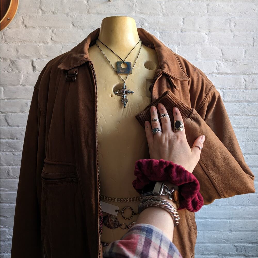 Vintage Brown Genuine Leather Bomber Jacket Aviator Earthtone Pilot Neutral Coat - Picture 7 of 10